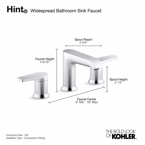 Kohler Hint Widespread Bathroom Faucet with Pop-Up Drain Assembly, 3 ...